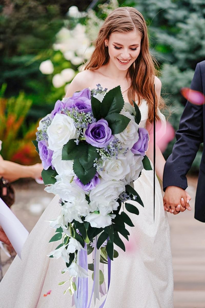 ChezMax Wedding Bridal Bouquet Artificial Rose Flowers with Ribbons Waterfall Flowers Bunch for Decorations - Image 2